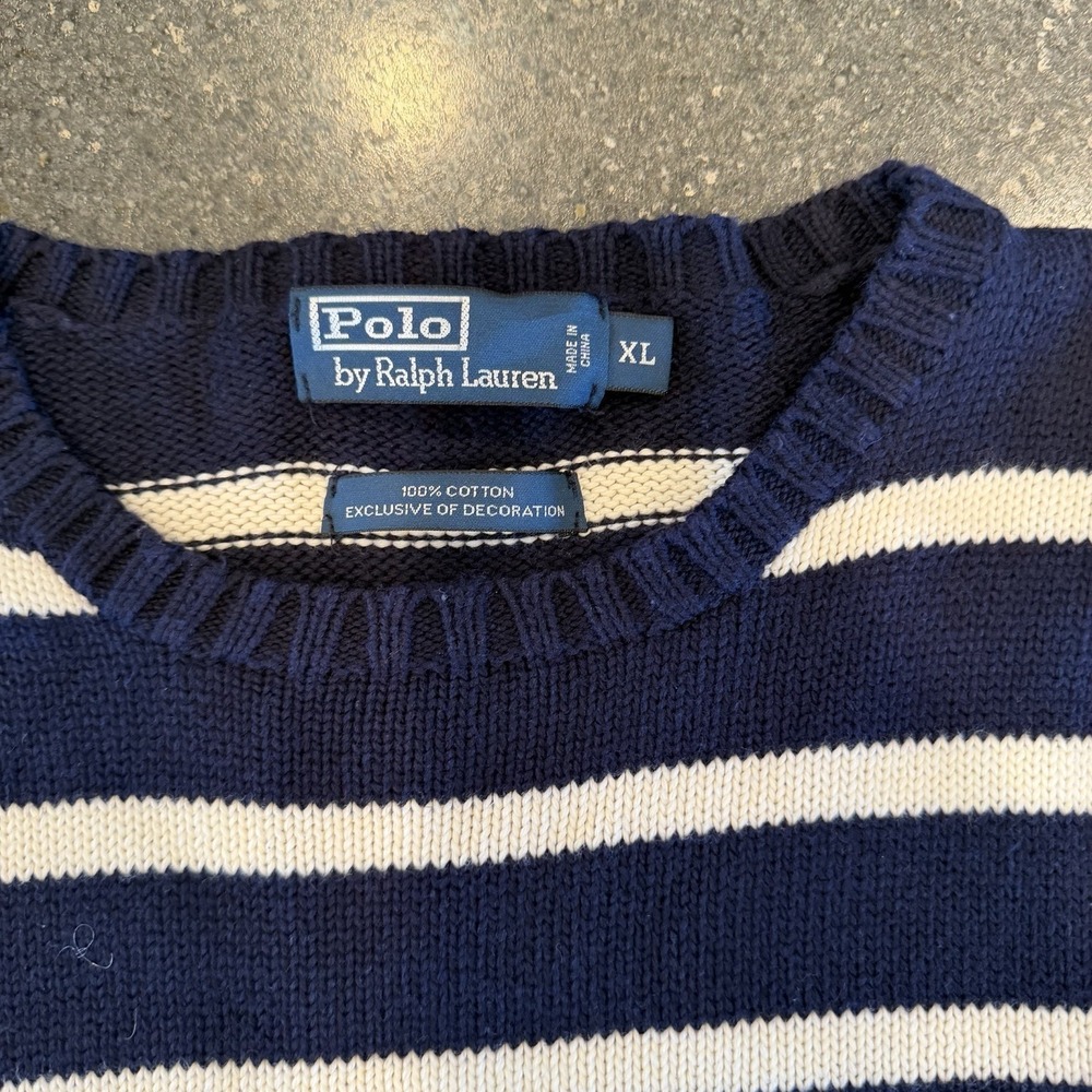 Vintag Polo Ralph Lauren Blue White Stipe Cotton Crew Neck Sweater Red Pony XL - Picture 2 of 3